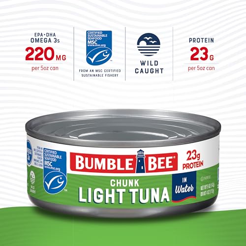 Bumble Bee Chunk Light Tuna In Water, 5 oz Cans (Pack of 24) - Wild Caught Skipjack Tuna - 23g Protein Per Serving - MSC Certified Sustainable