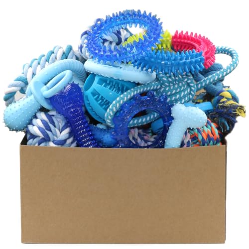 Beiker 20 Pack Puppy Chew Toys - Blue Dog Teething Toys for Puppies, Puppy Teething Rings and Ropes, Rubber Toy Bundle for Small Dogs, Cute