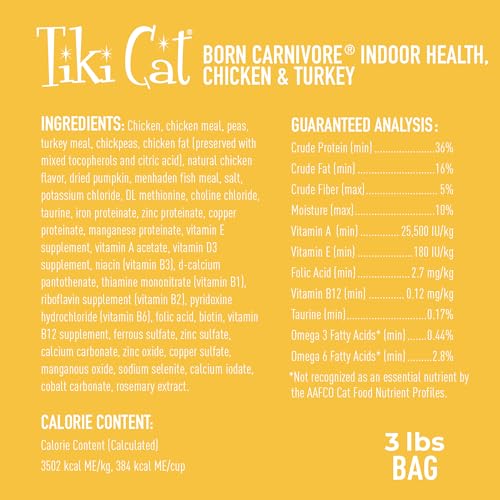 Tiki Cat Born Carnivore Indoor Health Non-GMO, Chicken and Turkey Meal Recipe 3 lbs.
