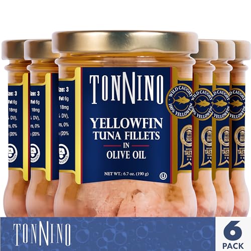 Tonnino Yellowfin Tuna Fish Premium - Olive Oil – Pack of 6 – Alternative to Salmon – Protein Snacks – Ready to Eat Meals in Glass Jar