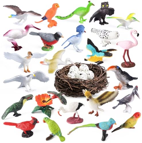 30Pcs Birds Animal Figures Playset,Assorted Realistic Bird Wildlife Toys with Nest Eggs,Parrot,Owl,Eagle,Hummingbird,Flamingo for Kids Educational