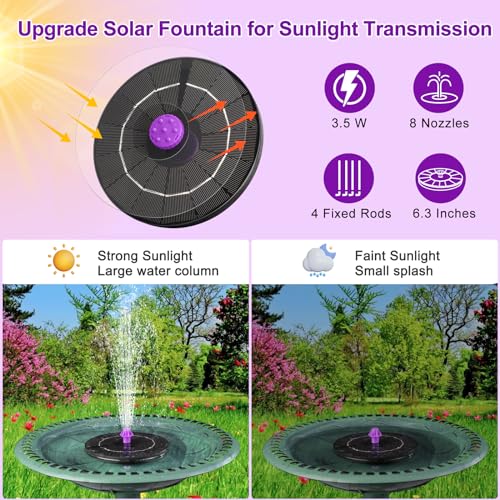 3.5W Solar Bird Bath Fountain Pump, Solar Powered Water Pump, Outdoor Water Fountain with 8-in-1 Nozzles, 4 Fixed Pipes for Hummingbirds, Garden