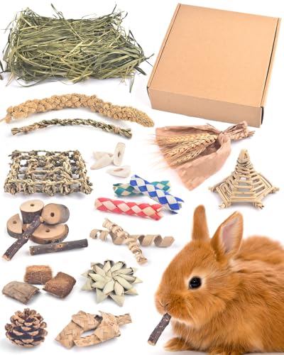 Bissap Rabbit Chew Toy, Natural Bunny Treats Snacks with Timothy Hay Water Grass Mat Coconut Husk Box for Guinea Pigs Chinchillas Hamsters Gerbils