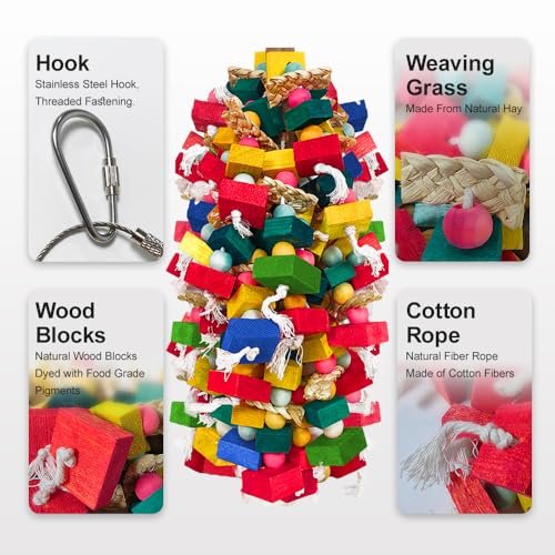 Bird Toys for Large Parrots Colorful Natural Wood Block Parrots Chew Foraging Toys for Bird Cages Cockatoos, Macaws, African Greys, and s