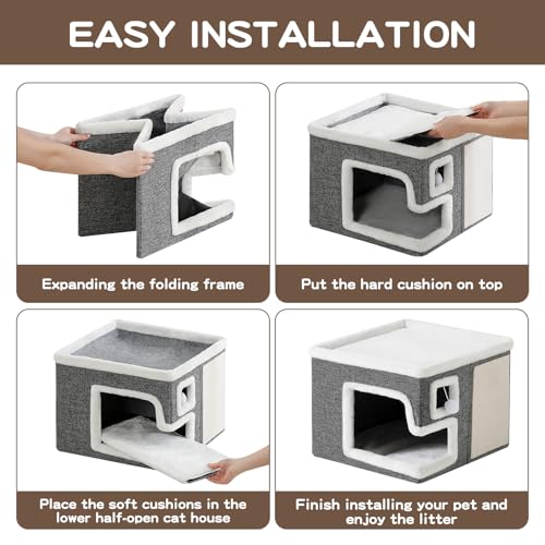 Cat Houses for Indoor Cats, Covered Cave Bed with Scratch Pad and Fluffy Ball, Foldable Cat Hideaway Condo for Large Cats, Modern Kitten