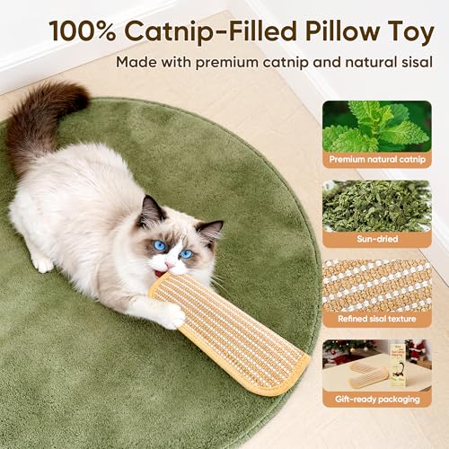 Sisal Catnip Pillow Toy Kickers, 2 Pack Interactive Catnip Toys with Organic 8000mg Herbal Blend for Indoor Scratching, Chewing & Teething, Fun for
