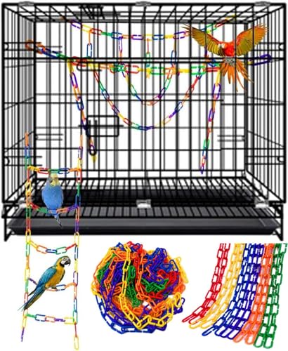 200-Piece Rainbow Plastic Chain Links & Toys - Interlocking C-Clip Bird Cage Accessories for Parakeets, Sugar Gliders, Small Pets (Climbing/Swinging