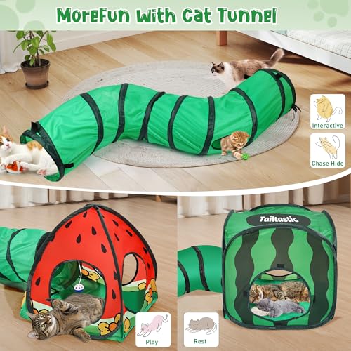 Tailtastic 3-in-1 Watermelon Cat Play Tunnel with Pop-Up Cube & Triangle Cat Tent, Interactive Toy Ball & Foldable Design - Easy Magic Tape Assembly