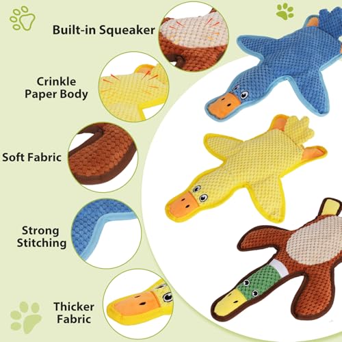 Dog Toys 3-Pack Cute Duck Shapes Puppy Toys No-Stuffing Squeaky and Crinkle Interactive Dog Chew Toy for Small to Large Breeds
