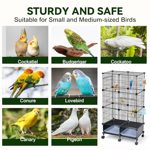 VISCOO Upgraded Encrypted 46-Inch Bird Cage, with Wooden Perches, Metal Parakeet Cage with Slide-Out Tray, Water Bottle&Feeder, Bird Cages for