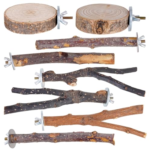 Libiline 8 Pieces Bird Perch Natural Wooden Parrot Perch Stand Fork Toys Hanging Multi-Branch Perches Platform Hammock Swing Toy for Macaws, Small