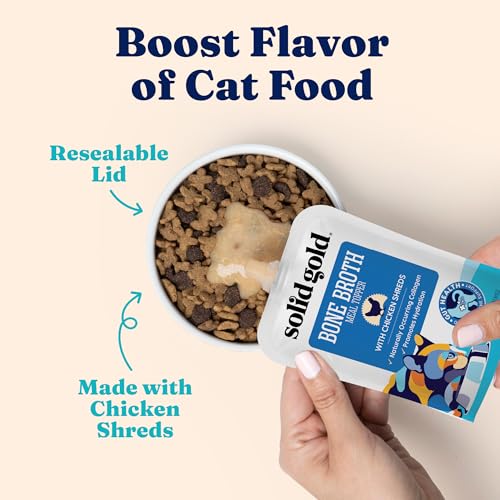 Solid Gold Bone Broth Cat Food Topper - Limited Ingredient Lickable Cat Broth Pouches w/Chicken Protein Shreds & Collagen for Hydration & Gut Support