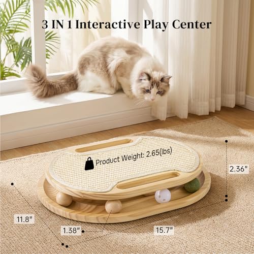 ZOMISIA Cat Scratcher with Ball Track Toy, Sisal Scratch Pad for Indoor Adult Cats, Wooden Interactive Cat Puzzle Toys for Kitten Mental Stimulation