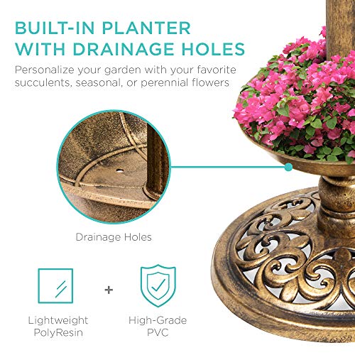 Best Choice Products Outdoor Solar Lighted Pedestal Bird Bath Fountain Decoration w/Planter, Integrated Panel, Scroll Accents for Lawn, Garden