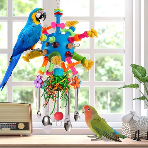 Parrot Toys Bird Toys Perch Pullable Stainless Steel Spoons Colorful Acrylic Stick Chew Toys for s Mini Macaws African Greys Cockatoos Conures