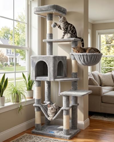 Hey-brother Cat Tree with Large Hammock, Multi-Level Cat Tower for Indoor Cats, Cat Condo with Sisal-Covered Scratching Posts and Top Perch, Light