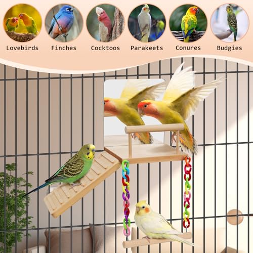 Bird Perches Platform Swing with Bird Mirror Climbing Ladder Birds Toys Cage Accessories for Cockatiels, Lovebirds, Pacific Parrotlets,Chinchilla