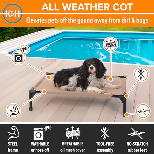 K&H Outdoor Elevated Dog Bed - Cooling Raised Dog Bed for Small & Medium Pets, Breathable Mesh Hammock Design, Indoor/Outdoor Washable Cover, Portable Metal Frame, Tan, Medium 32x25in