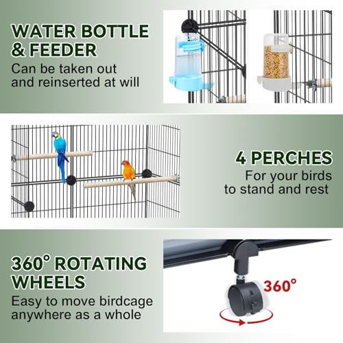 VISCOO Upgraded Encrypted 46-Inch Bird Cage, with Wooden Perches, Metal Parakeet Cage with Slide-Out Tray, Water Bottle&Feeder, Bird Cages for