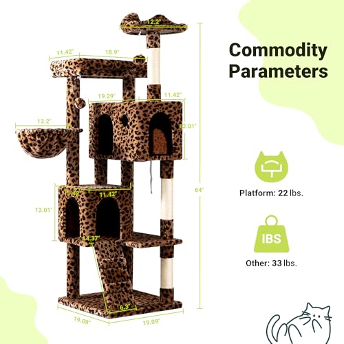 Allewie 64 Inches Cat Tree Tower/Multi-Level Activity Center for Indoor Big Felines/2 Plush Condos/2 Perchs/Basket/House/Sisal Scratching