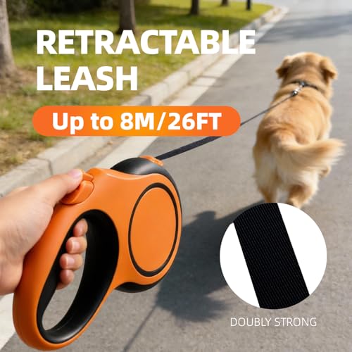 26Ft Retractable Dog Leash, Heavy Duty Great Leash for Dog up to 110 lbs, Anti-Slip Rubberized Handle, One-Handed Brake, Strong Nylon Tape, Tangle Free(Large，Orange&Black).