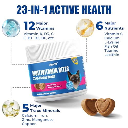 Just Try 23 in 1 Taurine for Cats Vitamins Treats with L-Lysine for Immune, Joint Support Skin & Coat & Heart Health - Multivitamin, HIV Omega 3