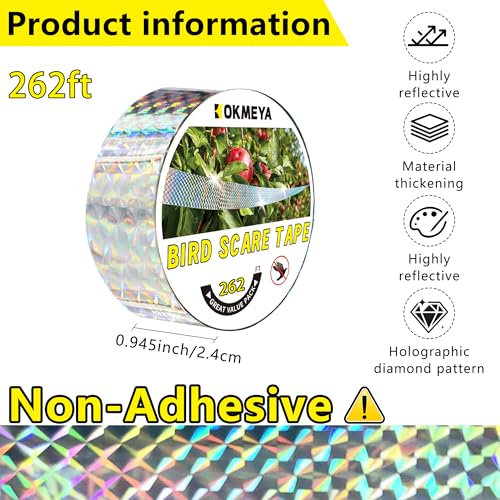 Bird Scare Reflective Tape, 262 Feet per Roll, Double-Sided Reflective, for Repelling Sparrows and Woodpeckers, Suitable for Outdoor Use in Homes