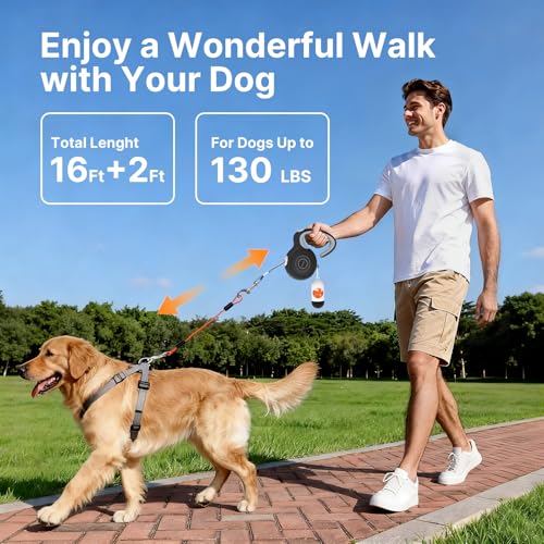 16Ft Retractable Dog Leash with Chew-Proof Steel Cable, 360° Tangle-Free, Shock Absorbing, Built-in Poop Bag Dispenser, Ergonomic Comfort Grip Handle