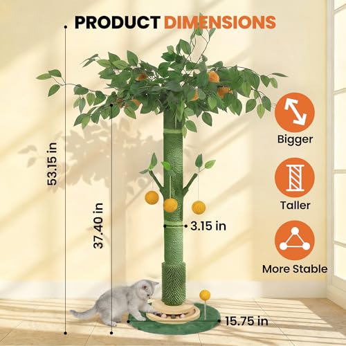 53" Extra Tall Cat Scratching Post for Large Cats, Heavy Duty Vertical Scratcher with Natural Sisal Rope, Stable Climbing Pole with Hanging Ball for