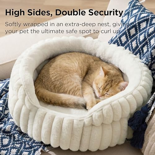 Bedsure ComfyFleece™ Cat Bed, Washable Round Cute Pet Beds for Indoor Cats, Super Soft Corduroy Kitten Bed with Anti-Slip Bottom, 20''x20''x8'', Cream