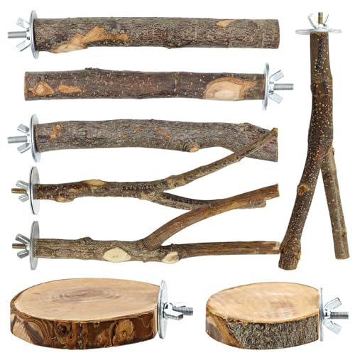 8 PCS Bird Perch Set for Cage - Natural Apple Wood Platforms & Hardwood Branches for Parakeets, Budgies, Cockatiels - Small Bird Habitat Gym