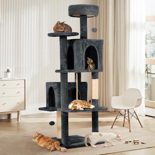 58.5inch Large Cat Tree Tower Condo for Indoor Cats, Soft Plush Multi-Level Climbing Tree Cat House with 1 360° Rotating Cat Cave, Scratching Post