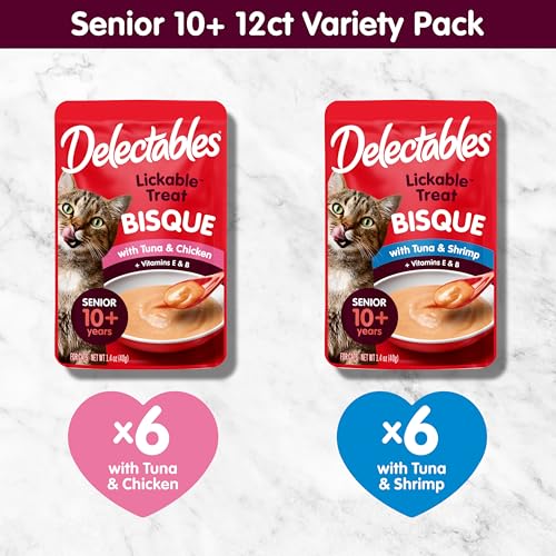 Delectables Lickable Treat Bisque Senior 10+ Wet Cat Treat Variety Pack, Food Topper, Hydrating, Grain-Free, No Fillers, No By-Products, No Added