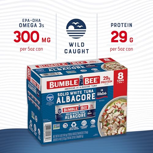 Bumble Bee Solid White Albacore Tuna in Water, 5 oz Can (Pack of 8) - Wild Caught Tuna - 29g Protein per Serving, High in Omega-3s - Non-GMO Project