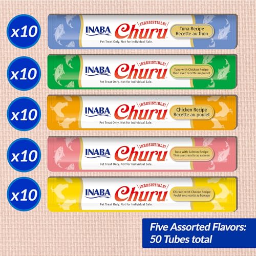 INABA Churu Cat Treats, Lickable, Squeezable Creamy Purée Cat Treat with Green Tea Extract & Taurine, 0.5 Ounces Each Tube, 50 Tubes, Tuna & Chicken