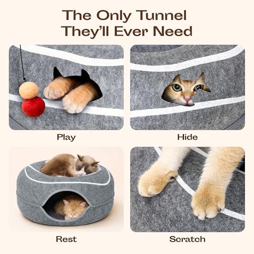 Peekaboo Cat Cave Donut - Cat Tunnel Bed for Indoor Cats – Cute Patterns Hideaway for Multiple & Large Cats, Scratch-Resistant (Dark Gray)