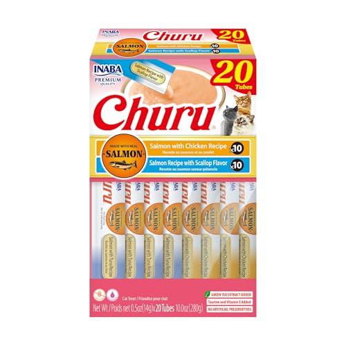 INABA Salmon Churu Cat Treats, Lickable, Squeezable Creamy Purée Cat Treat with Green Tea Extract & Taurine, 0.5 Ounces Each Tube, 20 Tubes, Scallop