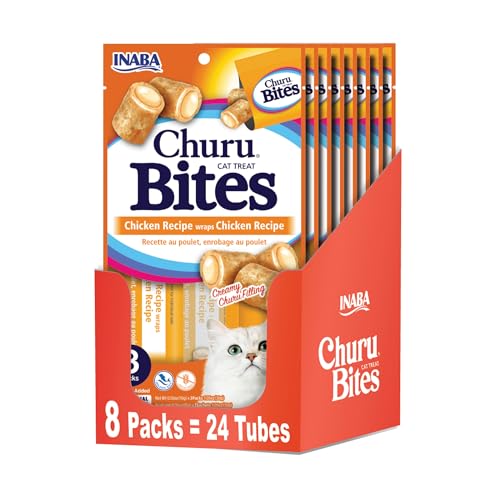 INABA Churu Bites for Cats, Soft/Chewy Baked Chicken Wrapped Churu Filled Cat Treats with Vitamin E, 0.35 Ounces per Tube, 24 Tubes Total (3 Tubes
