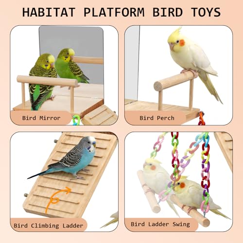 Bird Perches Platform Swing with Bird Mirror Climbing Ladder Birds Toys Cage Accessories for Cockatiels, Lovebirds, Pacific Parrotlets,Chinchilla