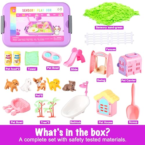 Carolart Pet Sensory bin,Dog and Cat Sandbox for Kids,Kids Play Sand Kit,Pet Play Set with Sensory Sand,Pet Care Play Set,Role Pretend Play Beach Toy