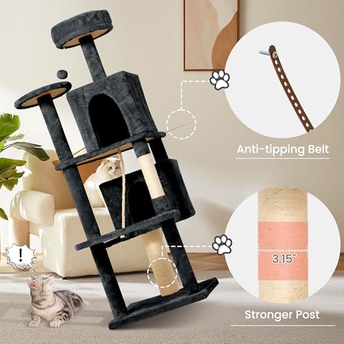 58.5inch Large Cat Tree Tower Condo for Indoor Cats, Soft Plush Multi-Level Climbing Tree Cat House with 1 360° Rotating Cat Cave, Scratching Post