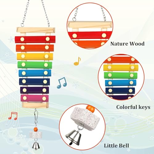Large Parrot Suspensible Xylophone Toy, Multicolored Natural Wooden Bird Chewing Toys with Grinding Stone for Large, Medium Birds, Macaws, African