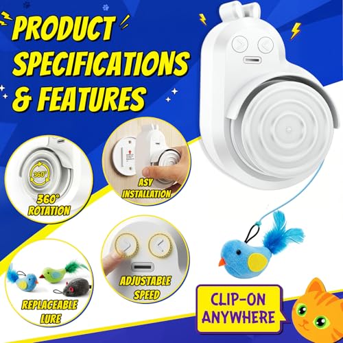 Interactive Cat Toys for Indoor Cats - Automatic Flying Bird Feather & Mouse Wand Enrichment Toy, Hands-Free or Handheld USB-Rechargeable Safe Play
