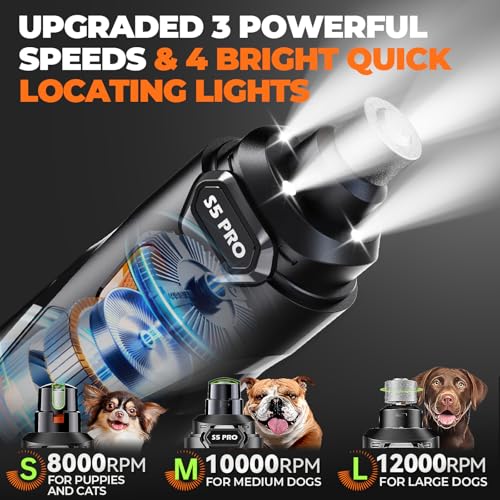 Whisper Quiet Dog Nail Grinder with 4 LED Lights, Safe & Stress-Free for Sensitive Dogs Cats of All Breeds & Sizes, 3 Grinding Bits, 3-Speed, Pet