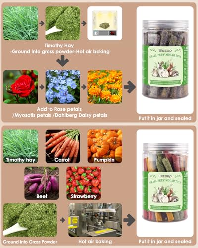 Bissap 72 PCS Rabbit Chew Sticks, Natural Timothy Hay Pumpkin Sugar Beet Carrot Strawberry Rose Dahlberg Daisy Forget-me-not Flower Treat for Bunny