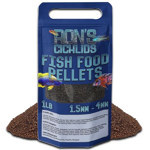 RON'S CICHLIDS Adult African Cichlid Fish Food Pellets – USA Made Slow Sinking Cichlid Pellets & Sticks Feed, Low Fillers, Ideal for Cichlid Food