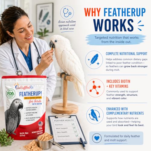 UnRuffledRx FeatherUp! Bird Molting Support & Feather Growth Supplement - for Plucking, Regrowth & Molt - Multivitamin & Amino Acids for All Birds