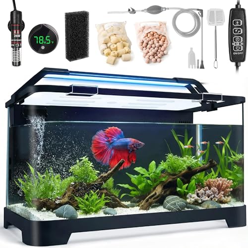 3.5 Gallon Betta Fish Tank, All in One Aquarium Starter Kits with Back Filter, Adjustable Pump, 25W Heater, LED Thermometer, LED Light with Timer