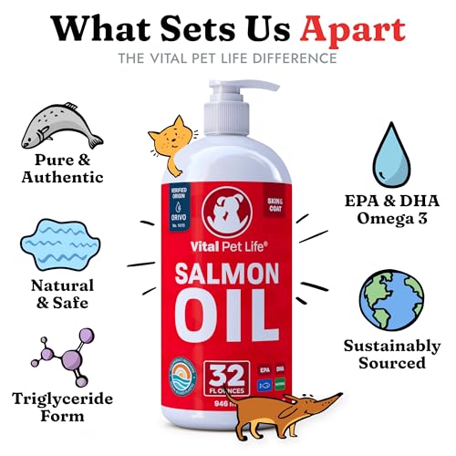 Salmon Oil for Dogs & Cats - Healthy Skin & Coat, Fish Oil, Omega 3 EPA DHA, Liquid Food Supplement for Pets, All Natural, Supports Joint & Bone