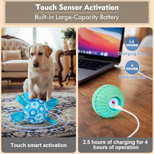 Interactive Dog Toys Dog Soccer Ball to Keep Them Busy,Durable Automatic Moving Jumping Dog Balls with Straps for Small/Medium/Large Dogs, USB